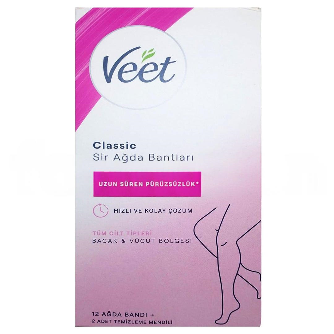 Veet Classic Sir Ağda Bantları Tüm Ciltler Bacak & Vücut 12 Adet Bant + 2 Adet Temizlik Mendili