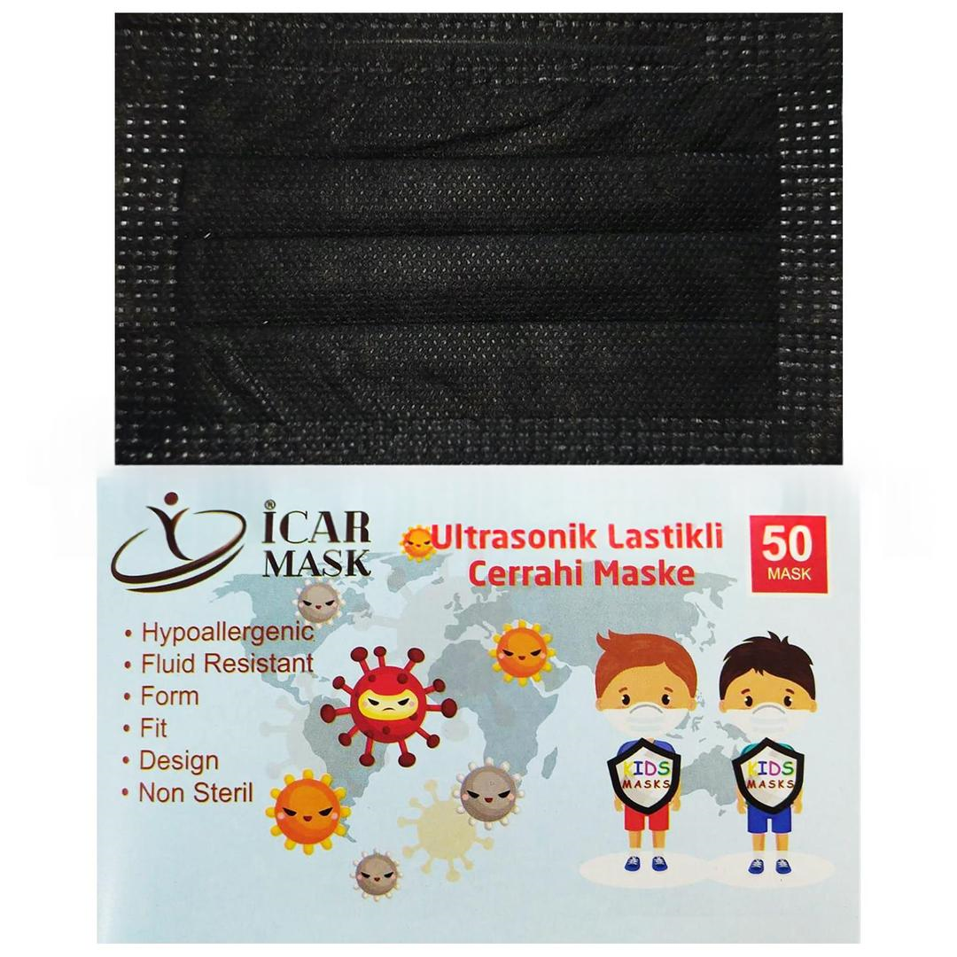 İcar Mask 3 Katlı Full Ultrasonik 10'lu Paketlenmiş Siyah Çocuk Cerrahi Maske Telli 50'li
