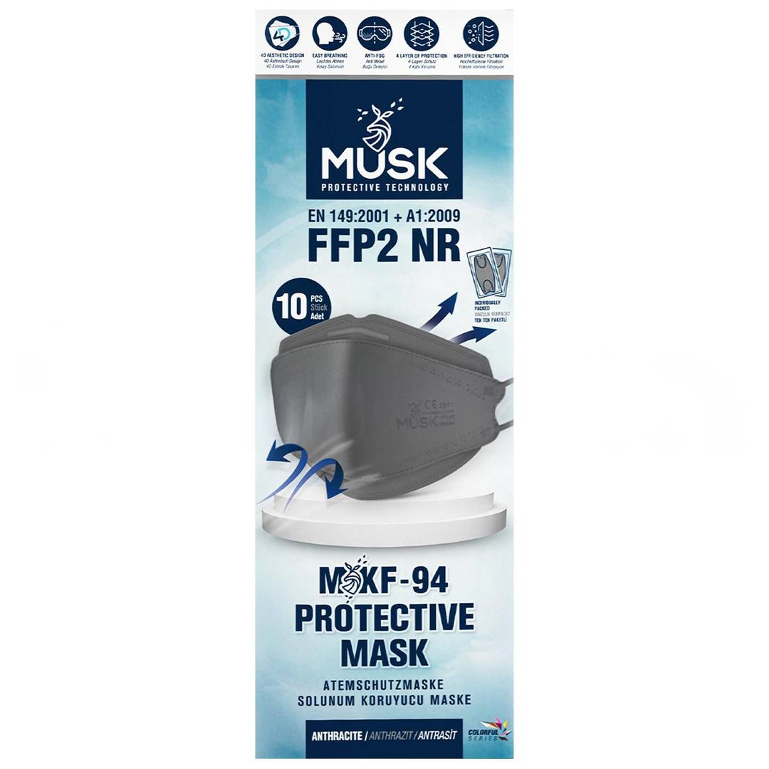 Musk FFP2 KF94 Antrasit Kore Tipi Koruyucu Maske 10'lu
