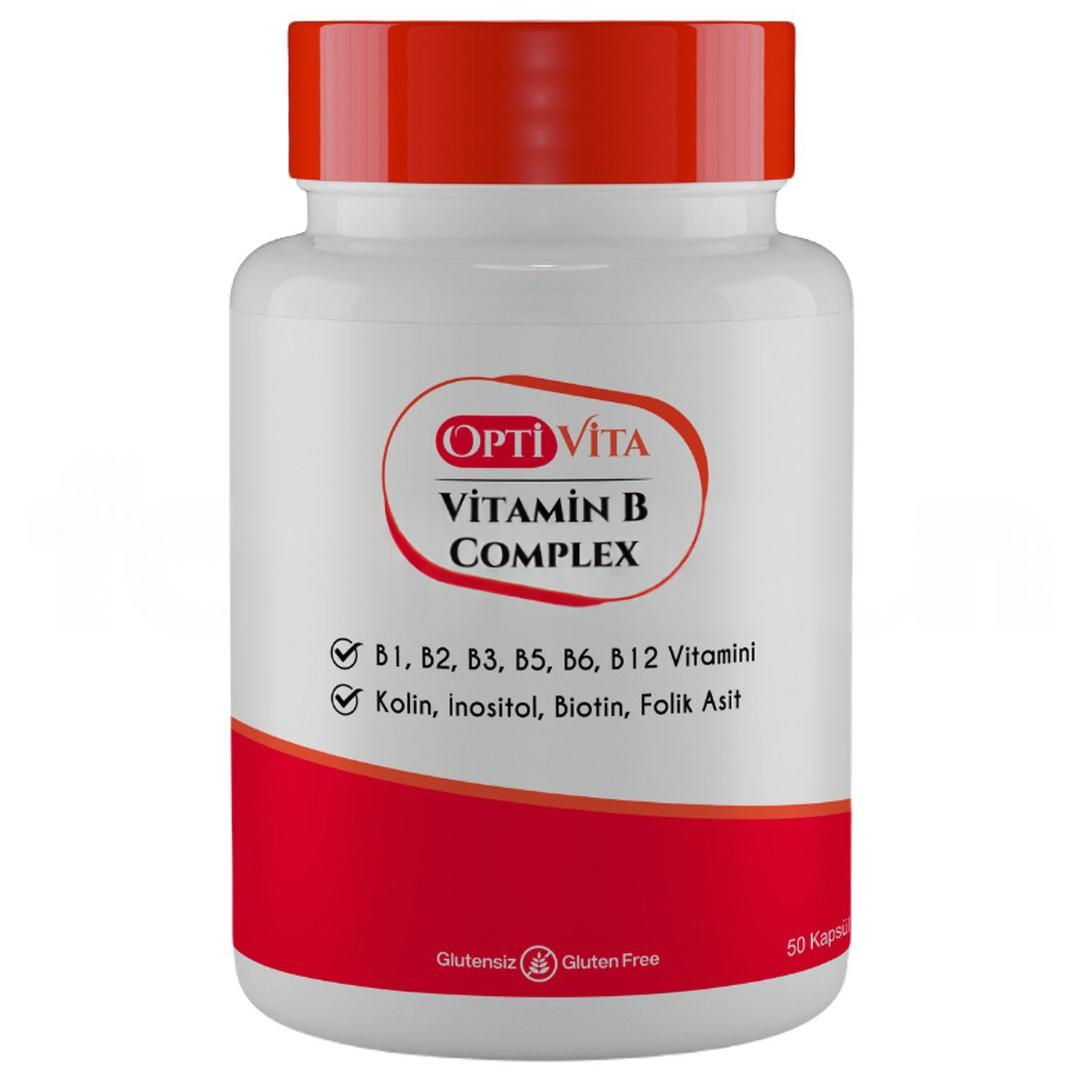 Optivita Vitamin B Complex B1, B2, B3, B5, B6, B12 Vitaminleri Kolin İnositol Folik 50 Kapsül