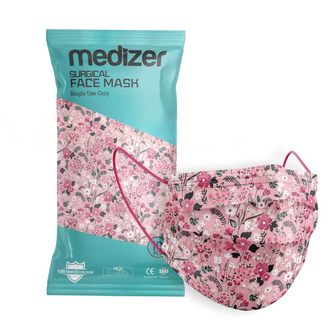 Medizer 3 Katlı Meltblown Pembe Çiçek Desenli Cerrahi Maske Telli 10'lu - 20 Adet