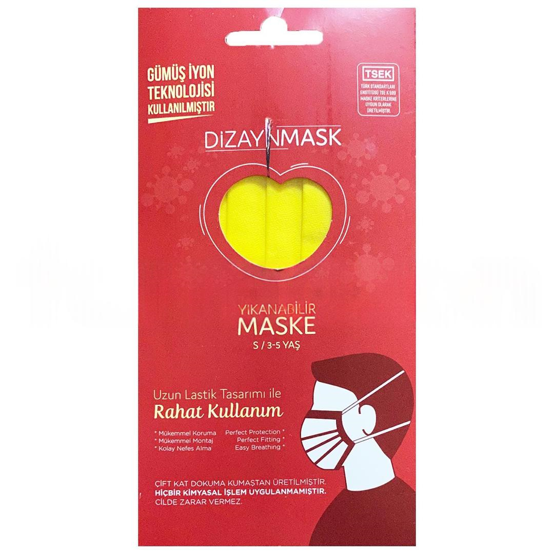 Dizayn Mask Gümüş İyonlu Yıkanabilir Bez Maske Sarı Small 3-5 Yaş