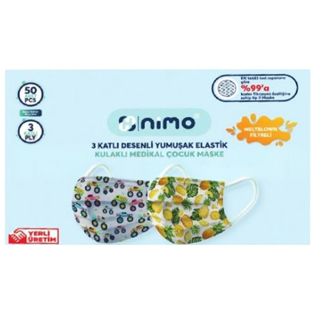 Nimo 3 Katlı Meltblownlu Desenli Cerrahi Çocuk Maskesi Telli 50'li