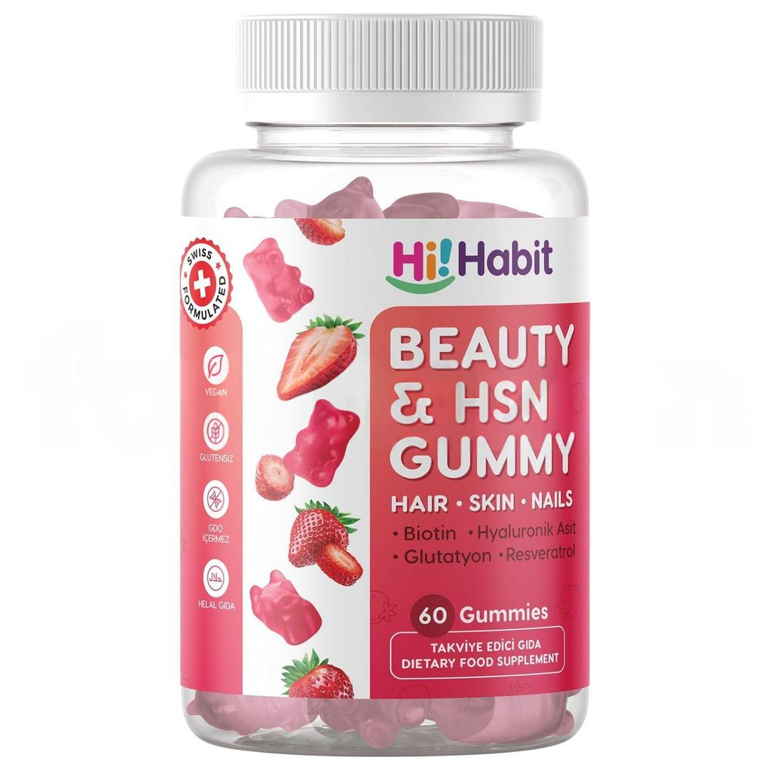 Hi-Habit Saç ve Cilt Gummy - Biotin, Hyaluronik Asit, Glutatyon, Resveratrol İçeren Vegan 60 Adet