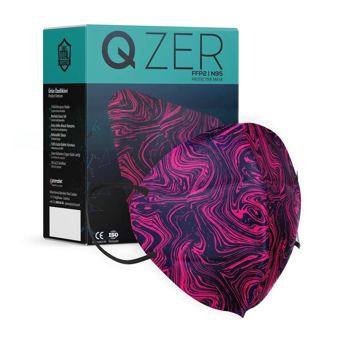 Medizer Qzer 5 Katlı FFP2 N95 Fuşya Desenli Koruyucu Maske Telli 50'li