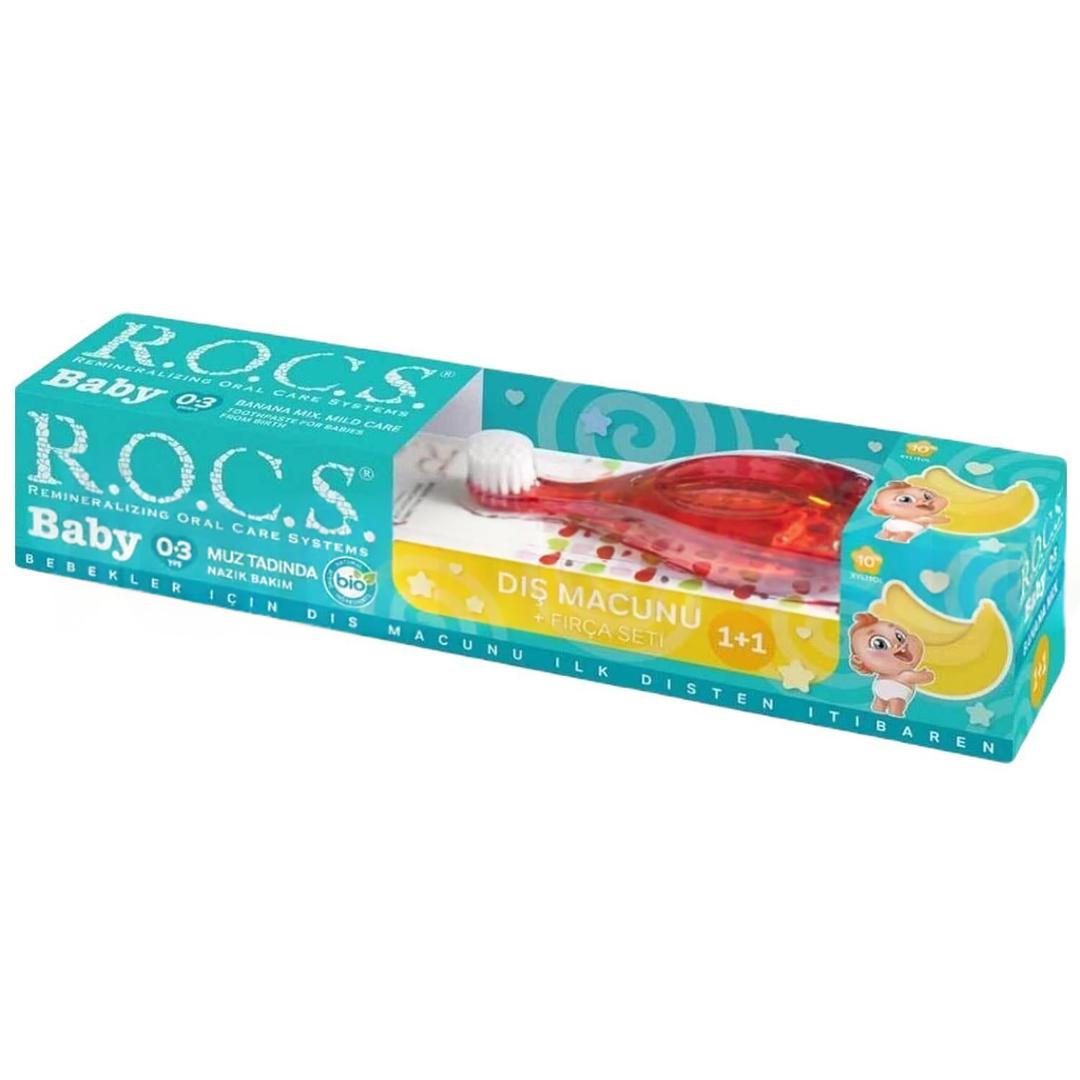 Rocs Baby 0-3 Yaş Muz Püresi Tadında Diş Macunu 45 gr + Diş Fırçası Seti - Kırmızı