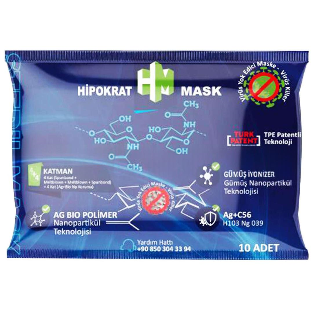 Bio Hipokrat Mask Gümüş İyonlu 4+4 Katlı Çift Meltblownlu Beyaz Koruyucu Maske Telli 10'lu