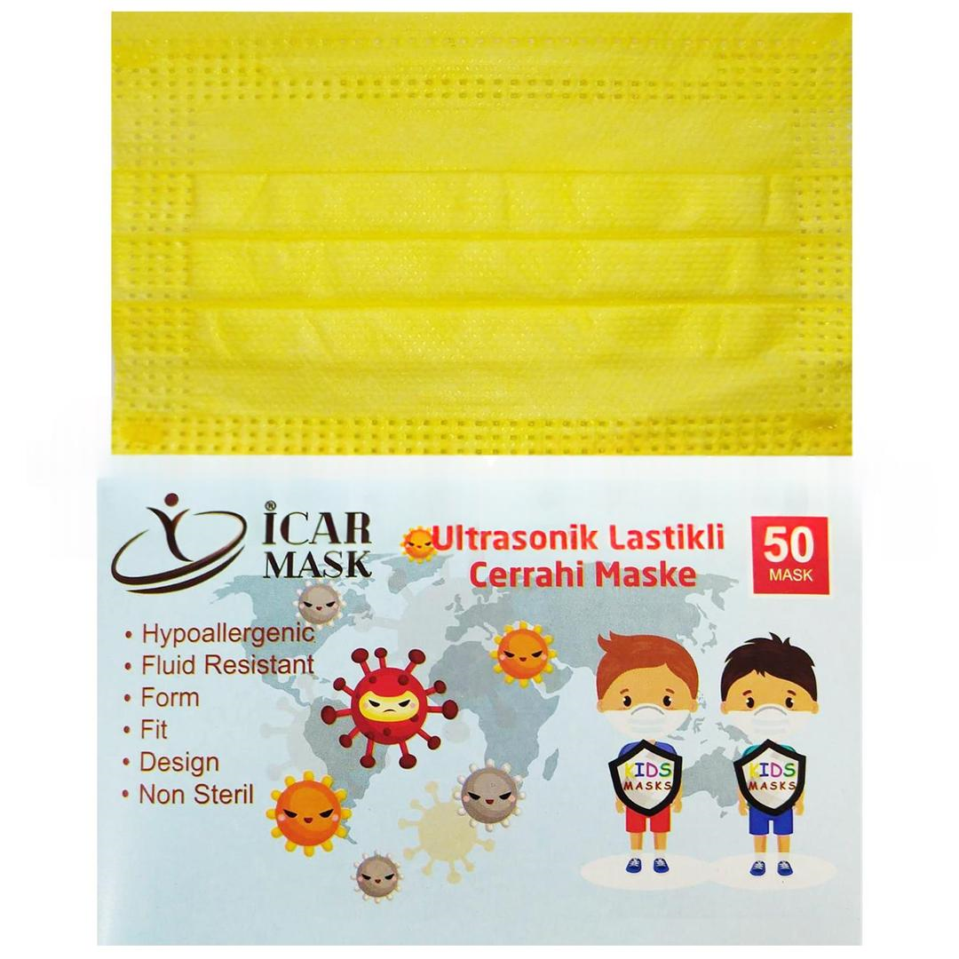 İcar Mask 3 Katlı Full Ultrasonik 10'lu Paketlenmiş Sarı Çocuk Cerrahi Maske Telli 50'li