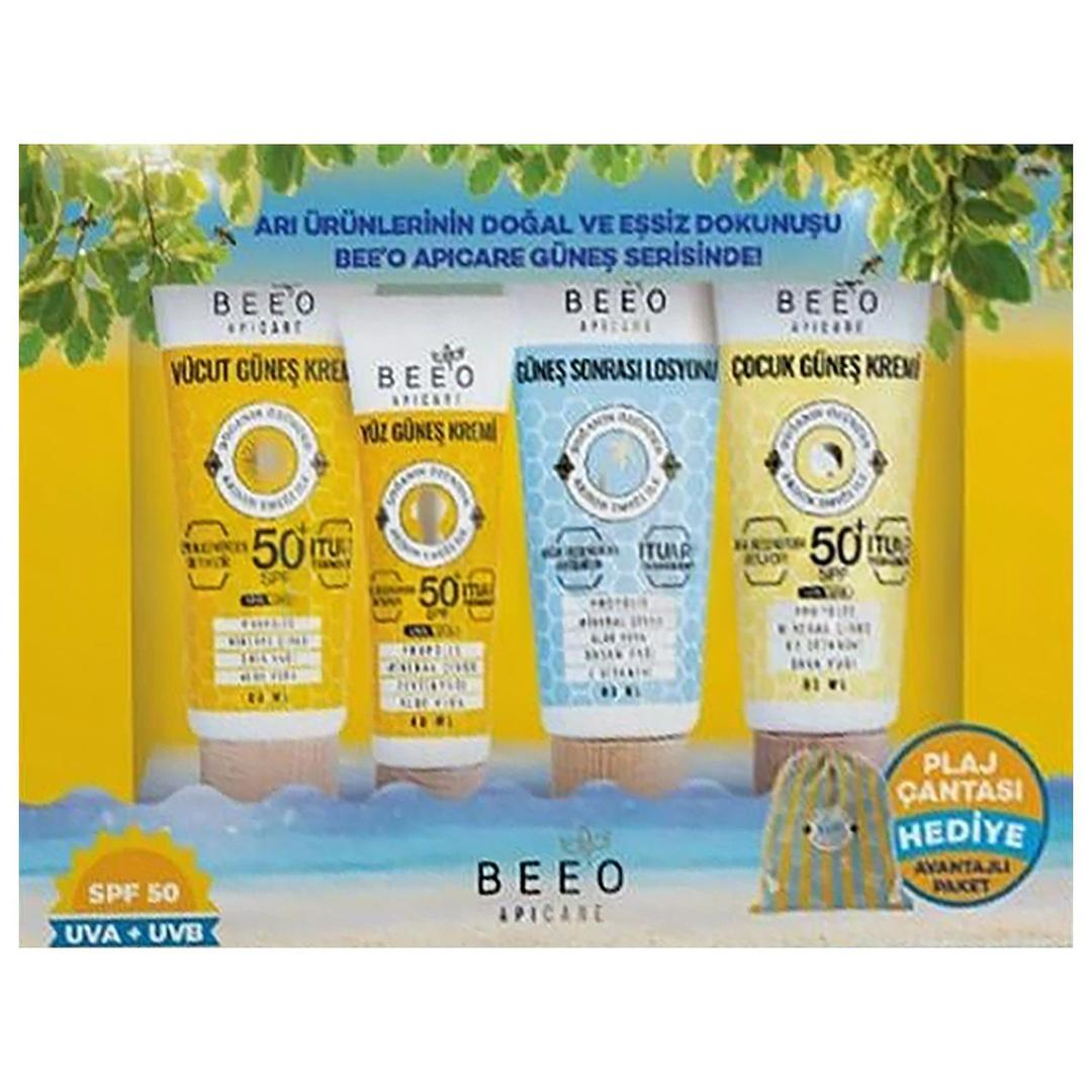 Bee'o Apicare Avantajlı Paket - Vücut Güneş Kremi 80 ml + Yüz Güneş Kremi 40 ml + Çocuk Güneş Kremi 80 ml + Güneş Sonrası Losyon 80 ml + Plaj Çantası Hediyeli