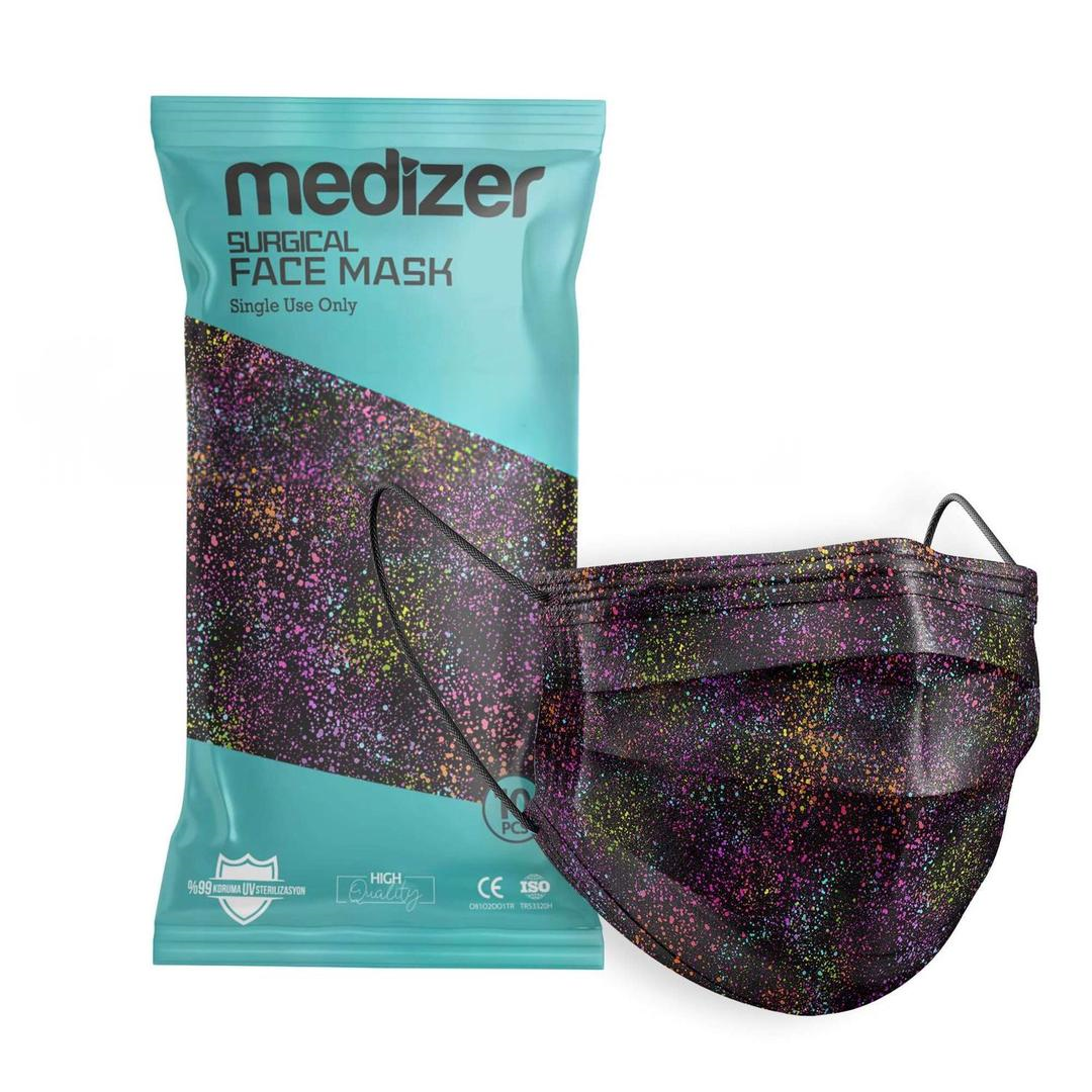 Medizer 3 Katlı Meltblown Black Brush Desenli Cerrahi Maske Telli 10'lu - 30 Adet