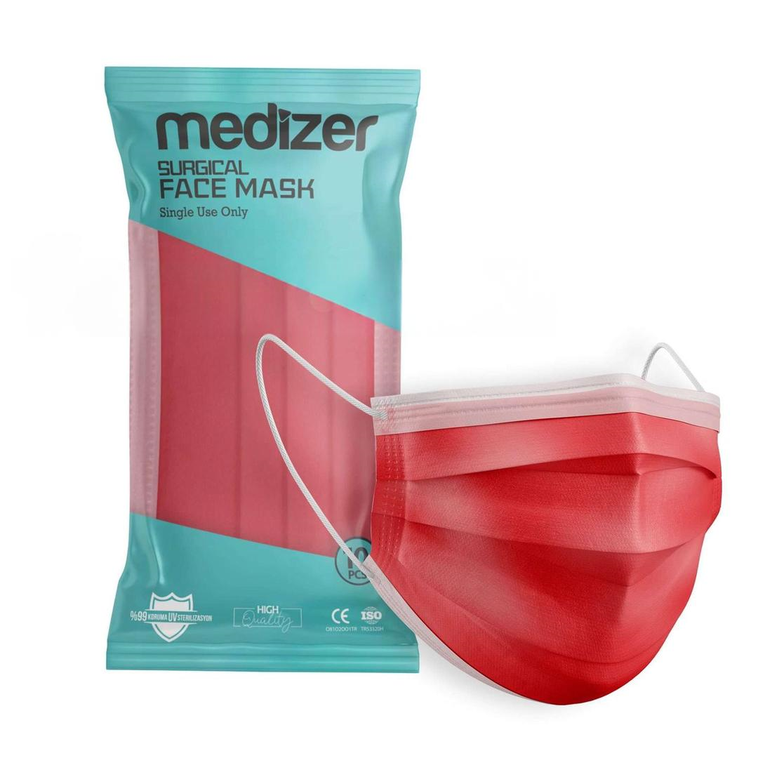 Medizer 3 Katlı Meltblown Kırmızı Cerrahi Maske Telli 10'lu - 40 Adet