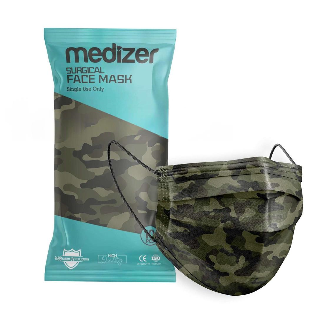 Medizer 3 Katlı Meltblown Yeşil Kamuflaj Desenli Cerrahi Maske Telli 10'lu - 20 Adet