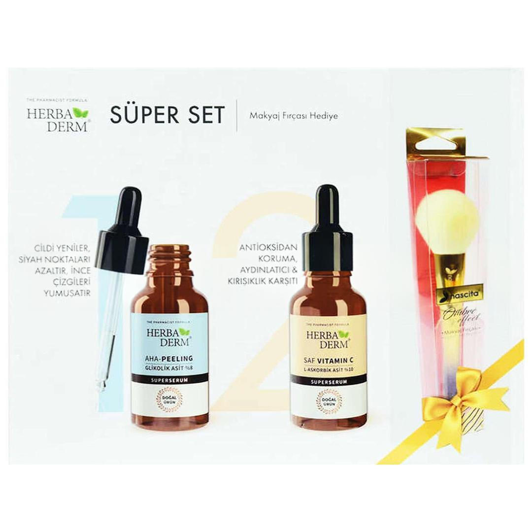 Herbaderm Süper Set - Süperserum Aha-Peeling 30 ml + Saf Vitamin C 30 ml + Makyaj Fırçası Hediye