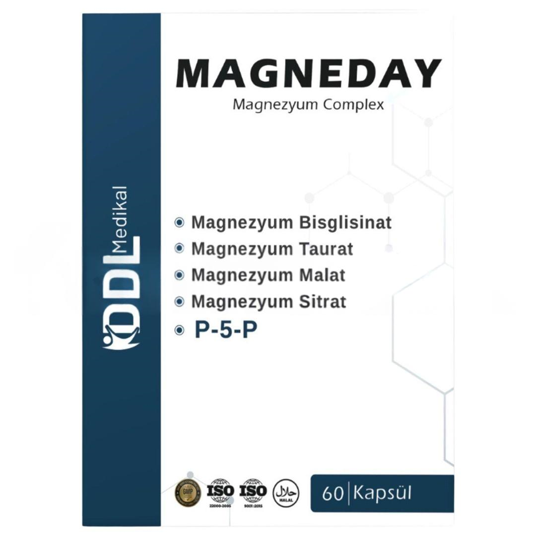 Magneday Magnezyum Bisglisinat Sitrat Malat Taurat P5P 60 Kapsül