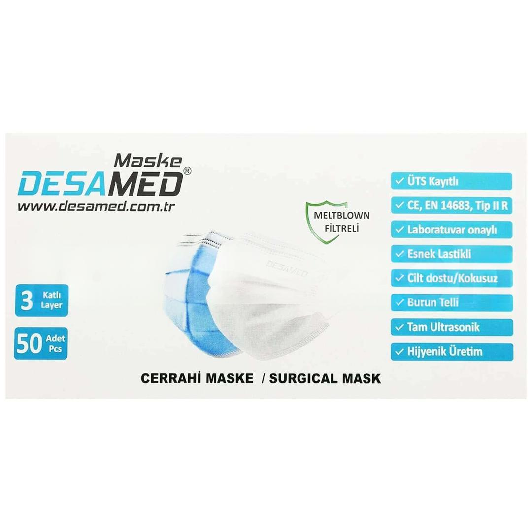 Desamed 3 Katlı Meltblown Filtreli Ultrasonik Beyaz Cerrahi Maske Telli 50'li