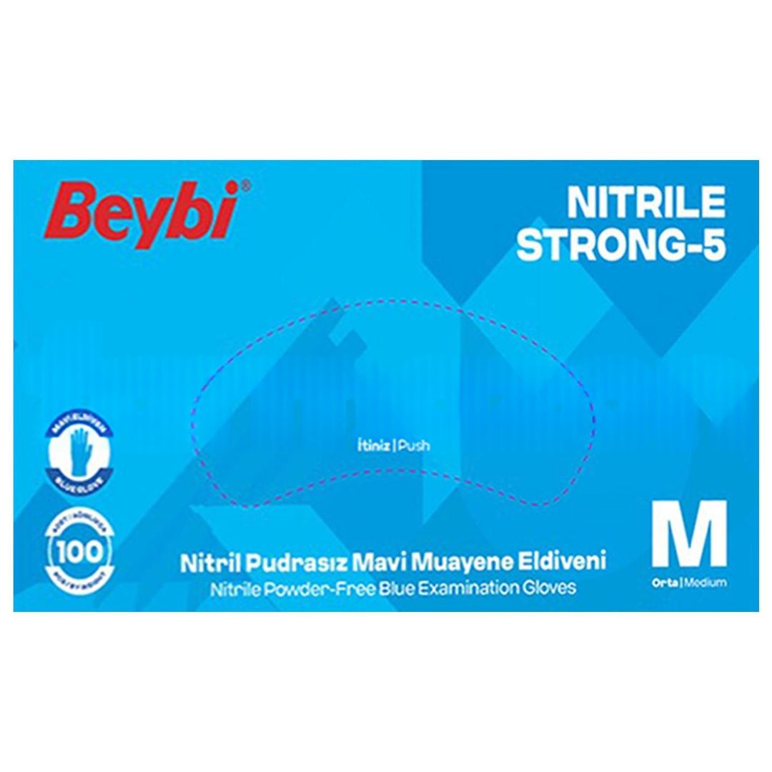 Beybi Strong 5 Nitril Pudrasız Mavi Muayene Eldiveni Medium 100'lü