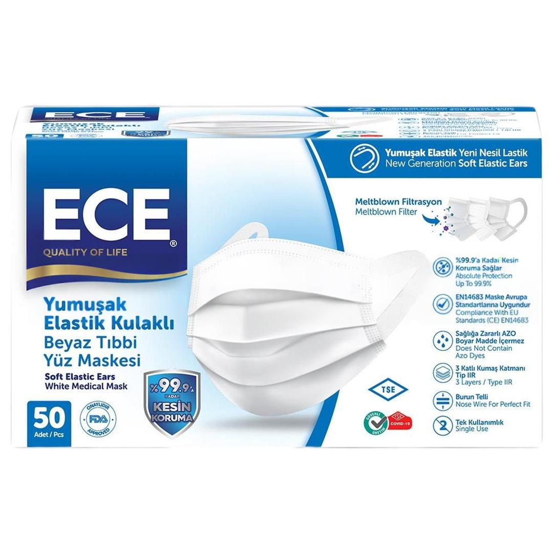 Ece 3 Katlı Soft Lastikli Cerrahi Maske Beyaz Telli 50'li (ÜTS Kayıtlı)