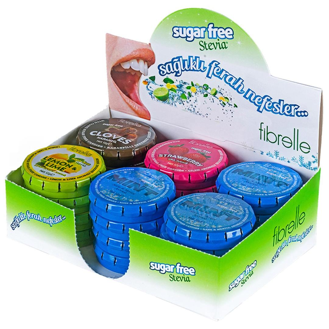 Fibrelle Stevia Nane-Limon-Çilek-Karanfil-Orman Meyvesi Aromalı Şekersiz Tatlandırıcı 12 gr 24'lü Stant