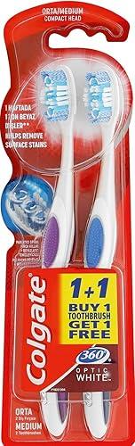 Colgate 360 Optik Beyaz Dil ve Yanak Temizleyicili Orta Beyazlatıcı 1+1 Diş Fırçası