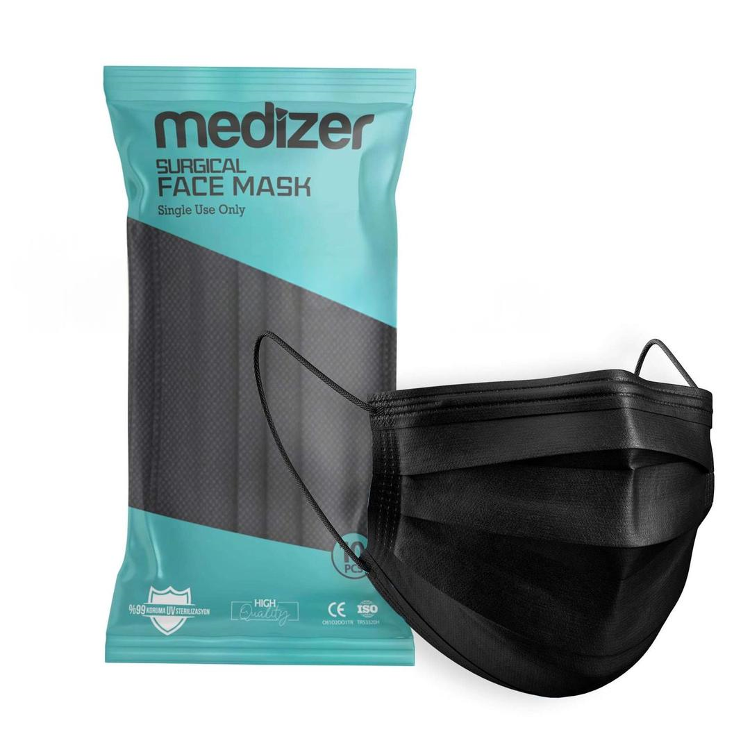 Medizer 3 Katlı Meltblown Siyah Cerrahi Maske Telli 10'lu - 30 Adet