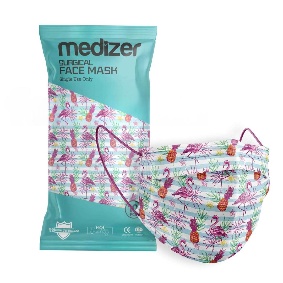 Medizer 3 Katlı Meltblown Tropikal Flamingo Desenli Cerrahi Maske Telli 10'lu - 30 Adet