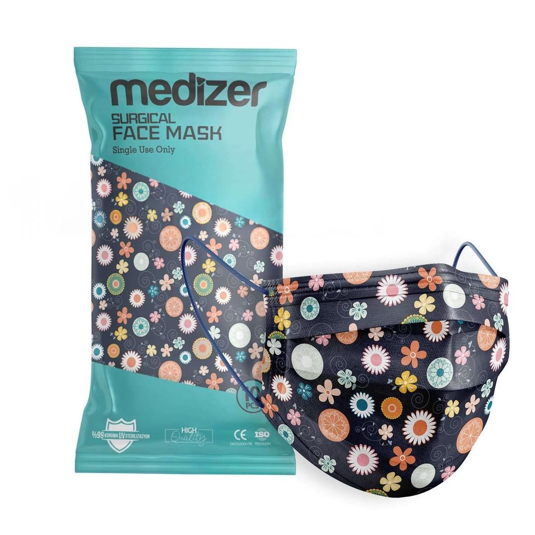Medizer 3 Katlı Meltblown Lacivert Çiçek Desenli Cerrahi Maske Telli 10'lu - 30 Adet
