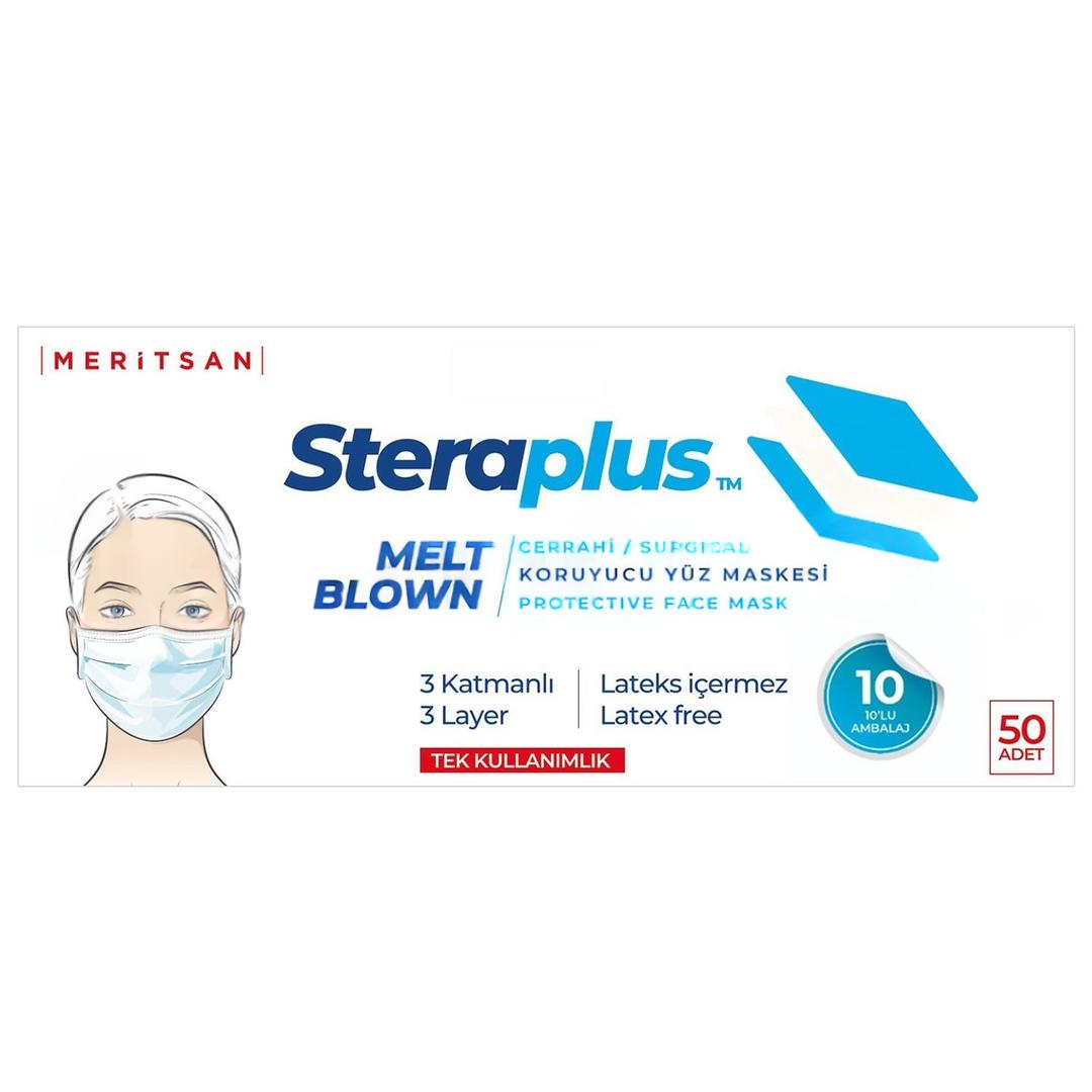 Steraplus 3 Katlı 10'lu Paketlenmiş Lastikli Beyaz Cerrahi Maske Telli 50'li (ÜTS Kayıtlı)