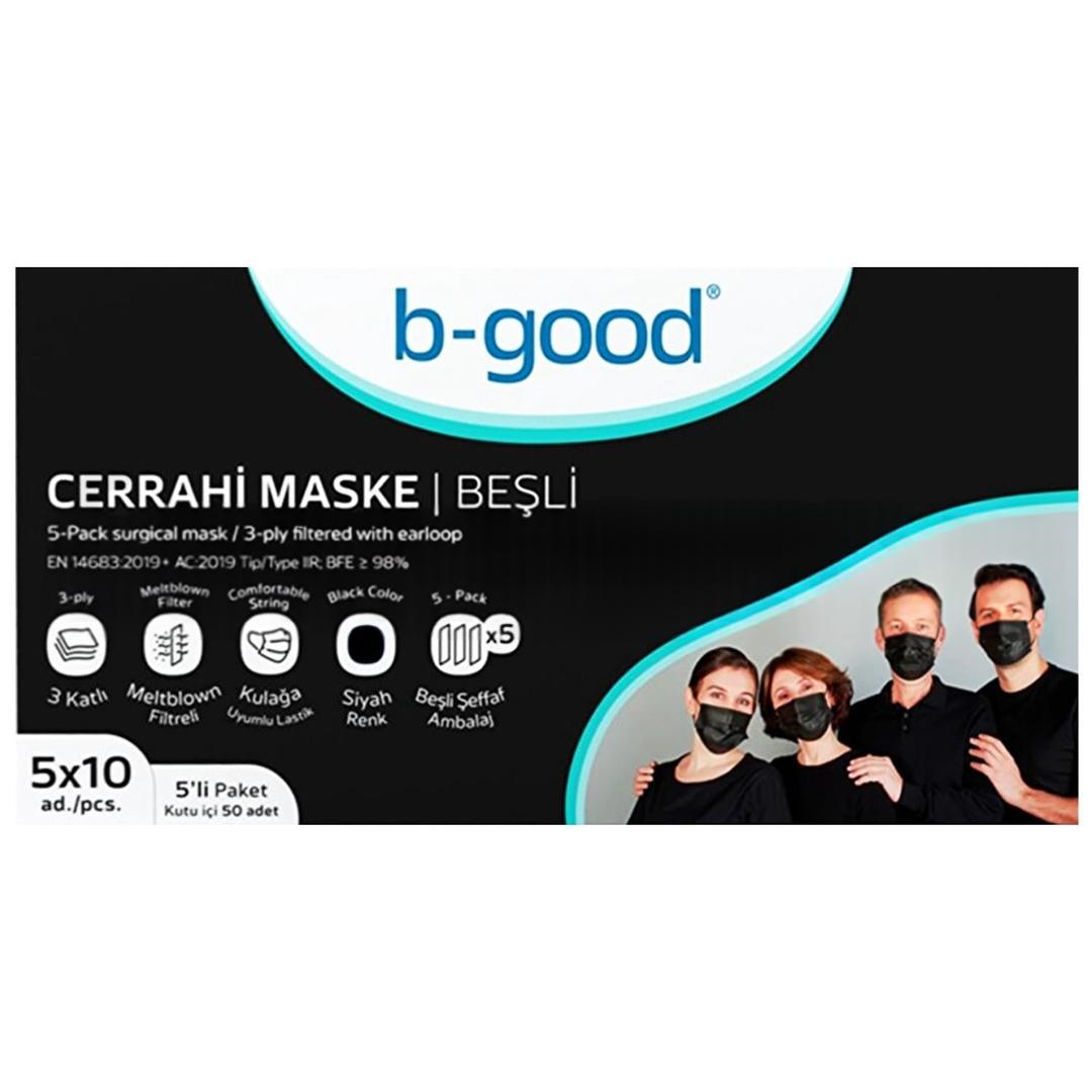 B-Good 3 Katlı 5'li Paketlenmiş Siyah Cerrahi Maske Telli 50'li (ÜTS Kayıtlı)