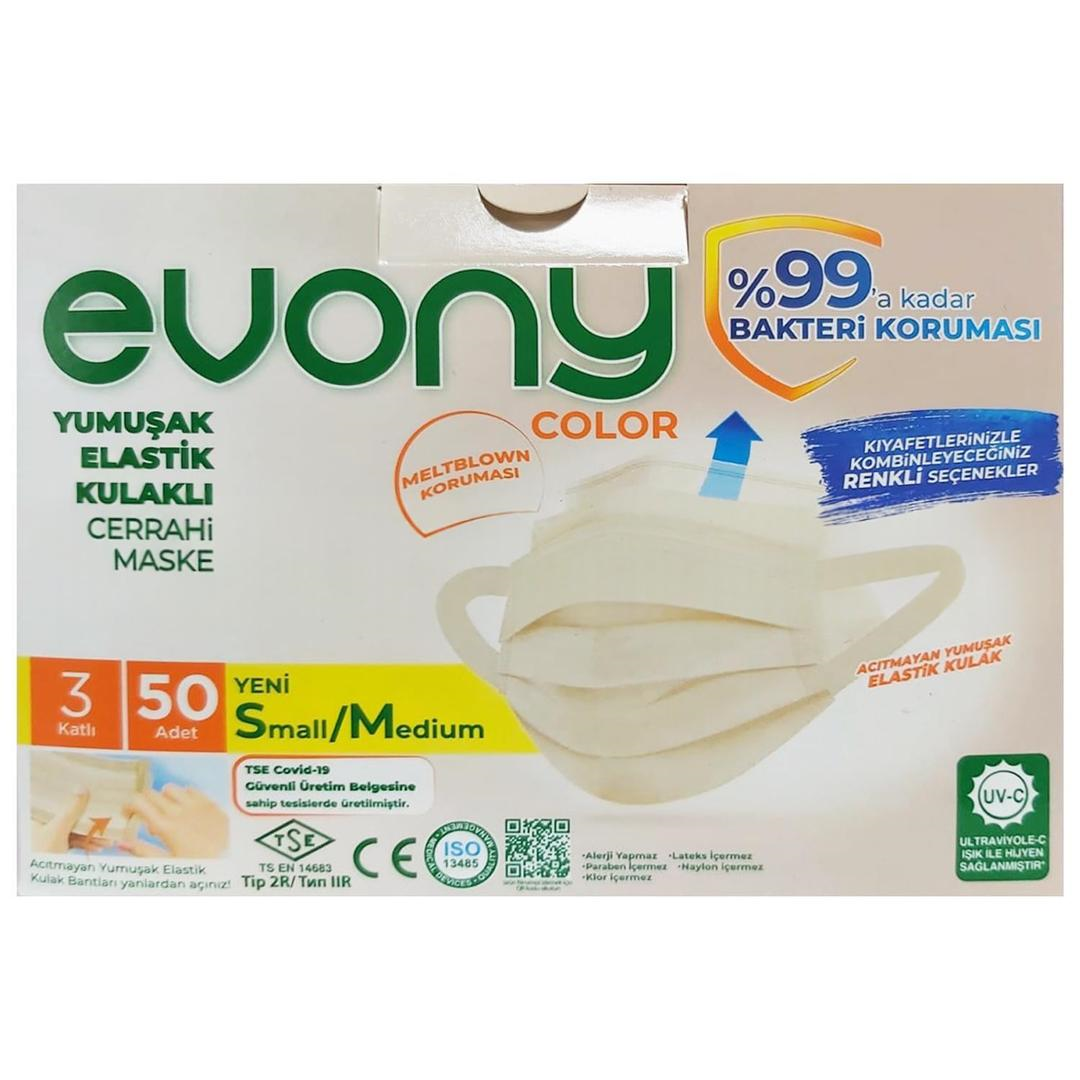 Evony 3 Katlı Ultrasonik S/M Color Bej Cerrahi Maske Telli 50'li
