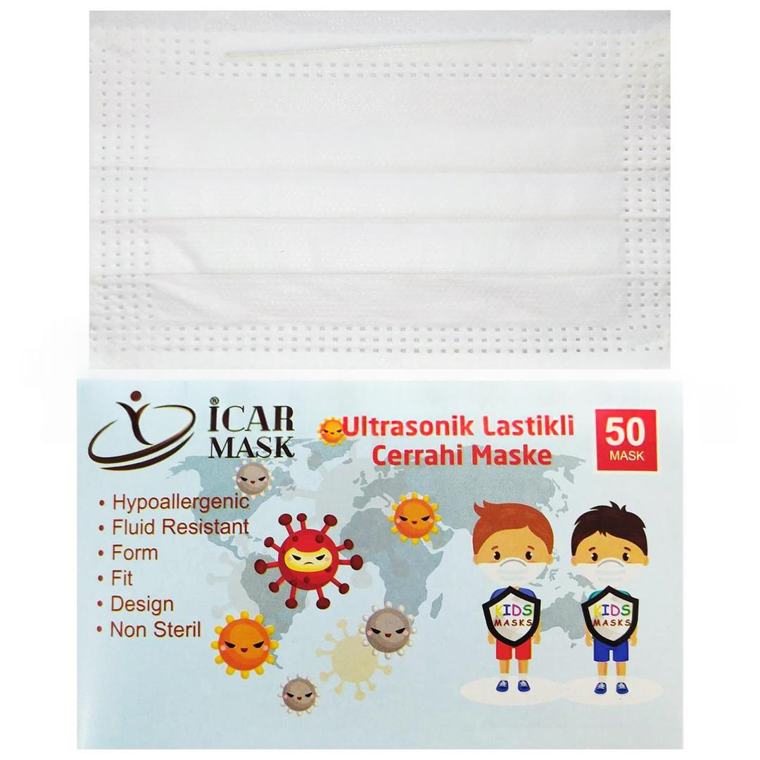 İcar Mask 3 Katlı Full Ultrasonik 10'lu Paketlenmiş Beyaz Çocuk Cerrahi Maske Telli 50'li