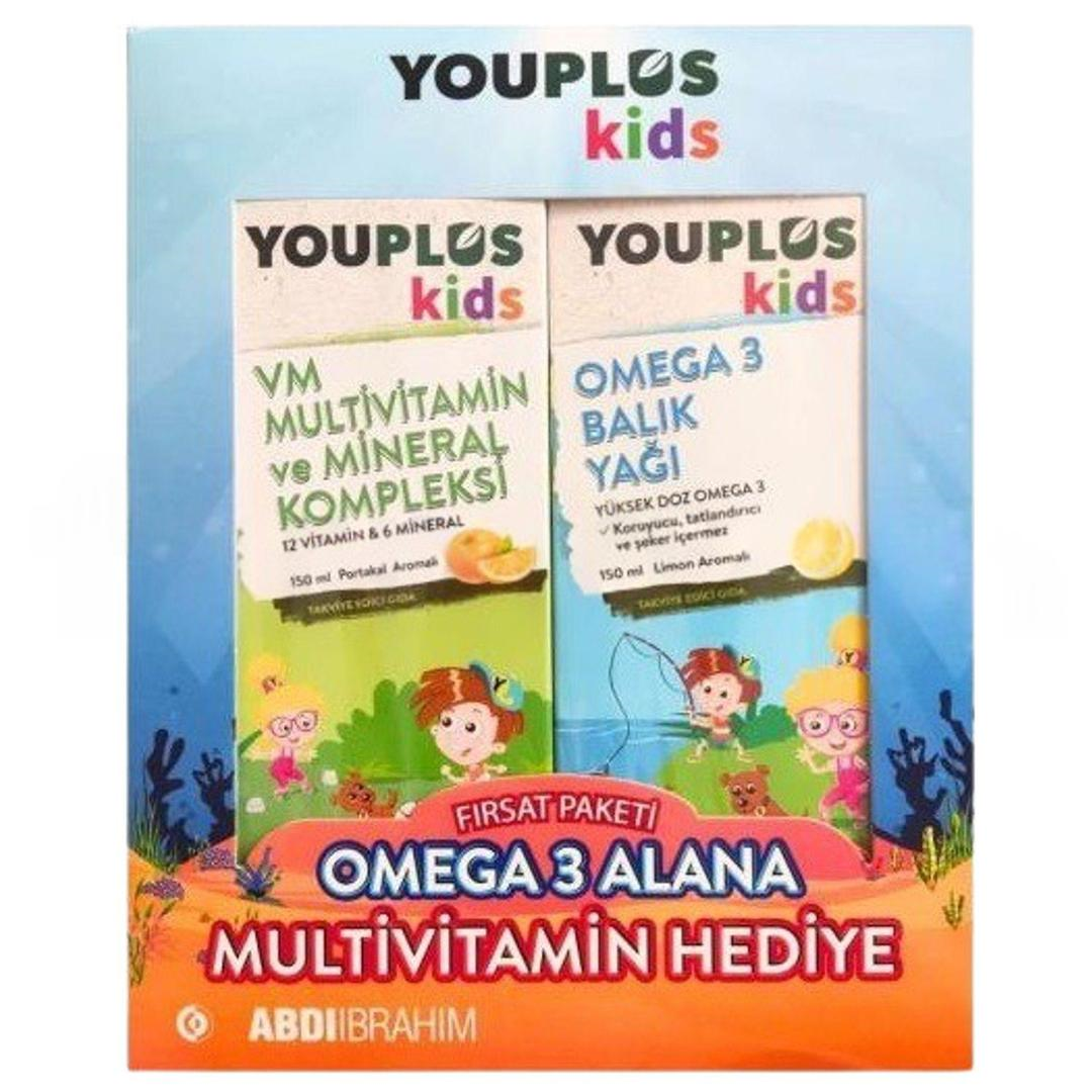 Youplus Kids Omega 3 Balık Yağı 150 ml + Kids VM 150 ml - Omega 3 Alana Multivitamin Hediye Etiketli