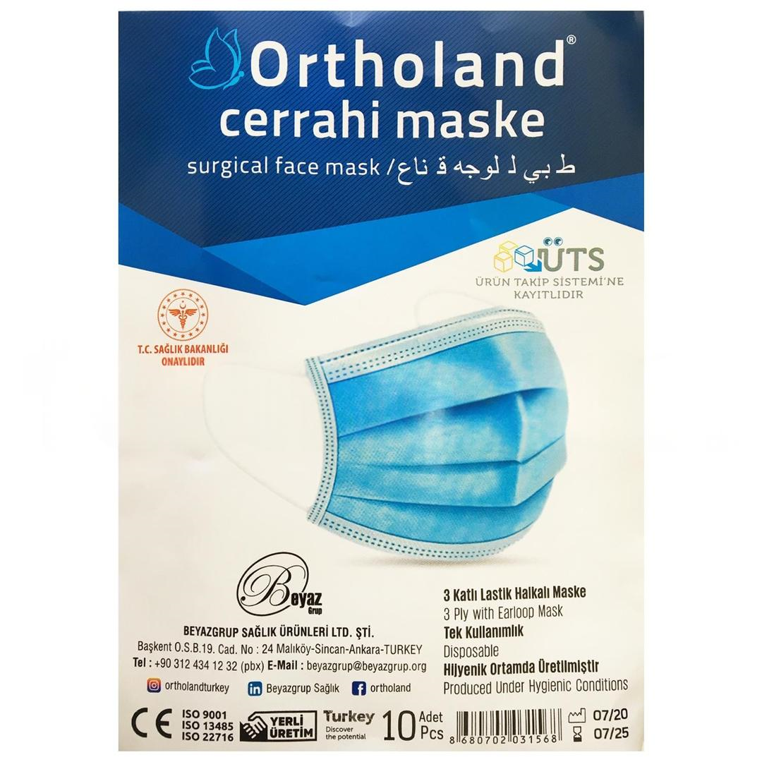 Ortholand 3 Katlı Full Ultrasonik Mavi Cerrahi Maske Telli 10'lu
