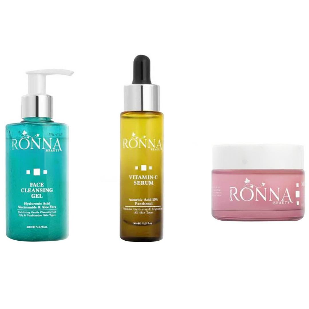 Ronna Beauty Arındırıcı Temizlik Onarımı ve Yenilemeye Yardımcı Cilt Bakım Seti - Moisturizing Cream 50 ml + Face Cleasing Gel 200 ml + Vitamin C Serum 30 ml