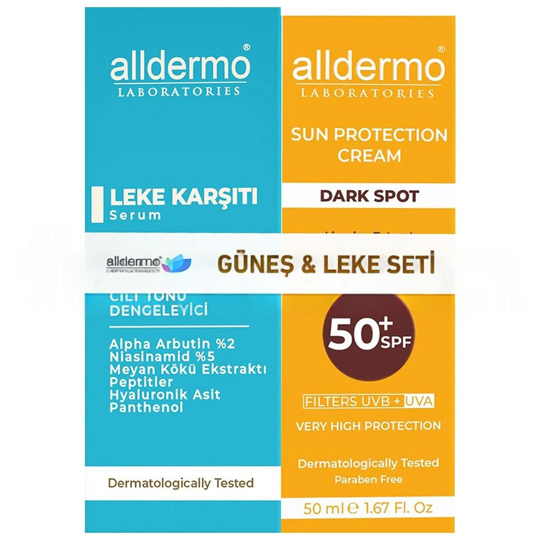 Alldermo Güneş Leke Seti - Leke Karşıtı Güneş Koruyucu Krem SPF50 50 ml + Leke Serum 30 ml
