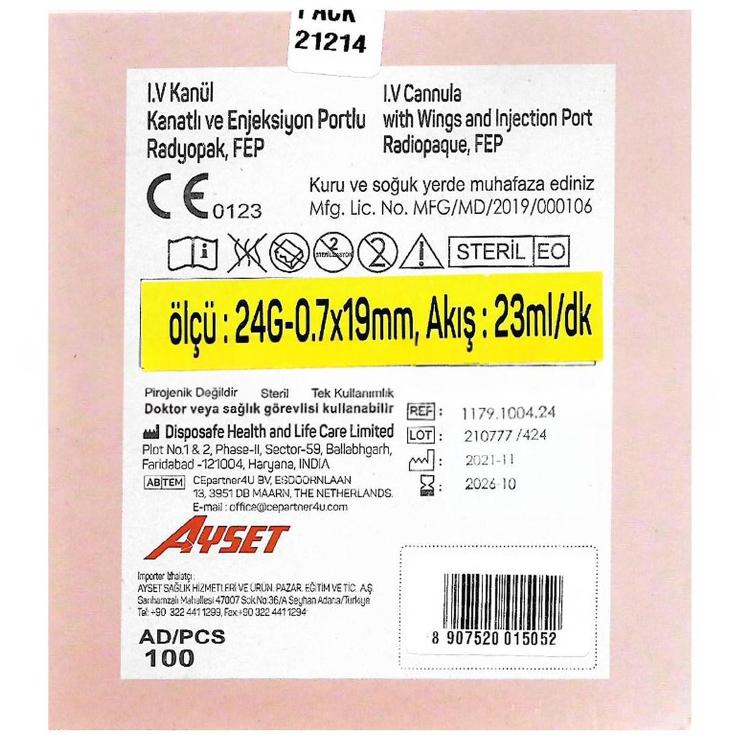 Ayset Branül İntraket Anjioket I.V. Kanül Sarı 24G 100'lü