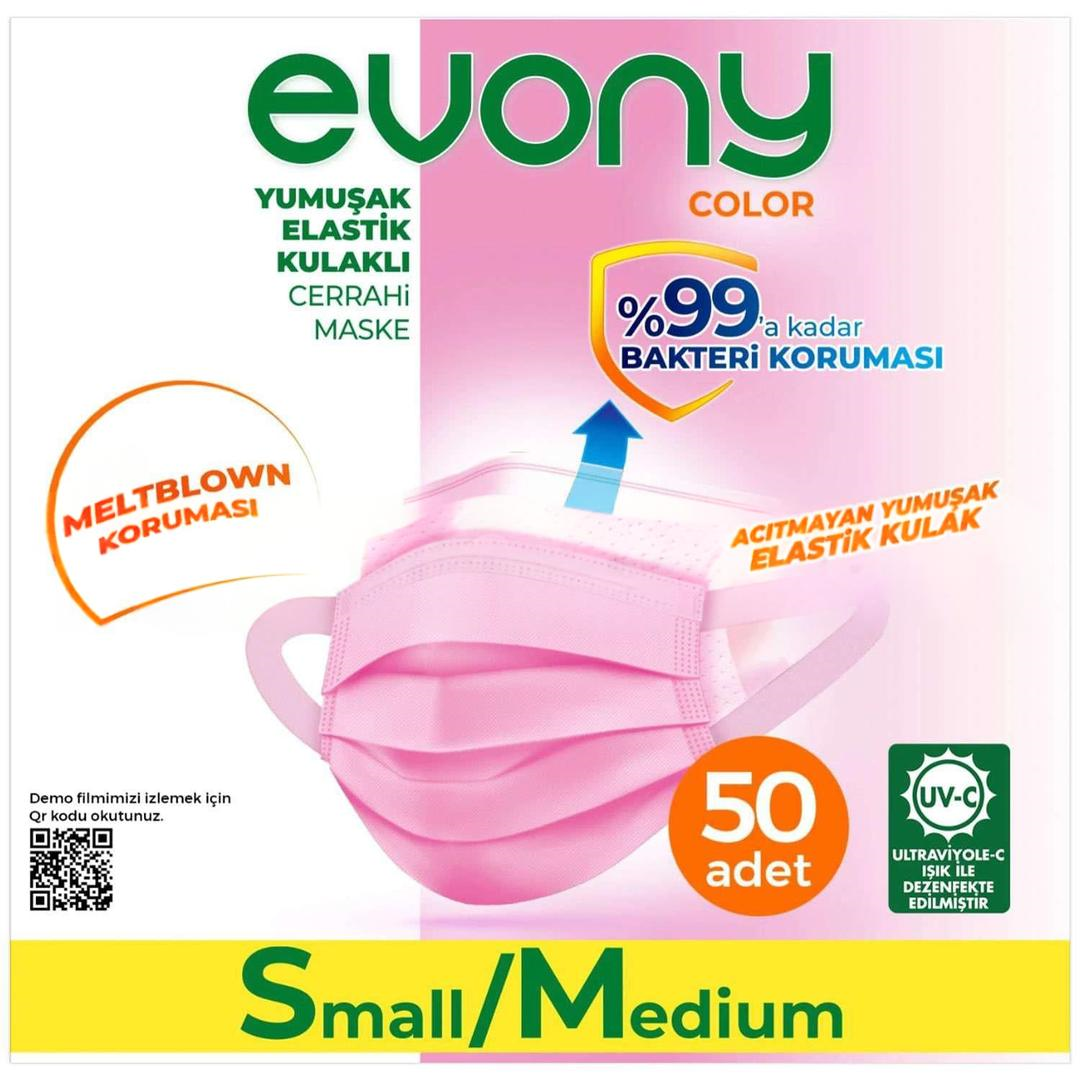 Evony 3 Katlı Ultrasonik Pembe Cerrahi Maske Telli 50'li (ÜTS Kayıtlı)