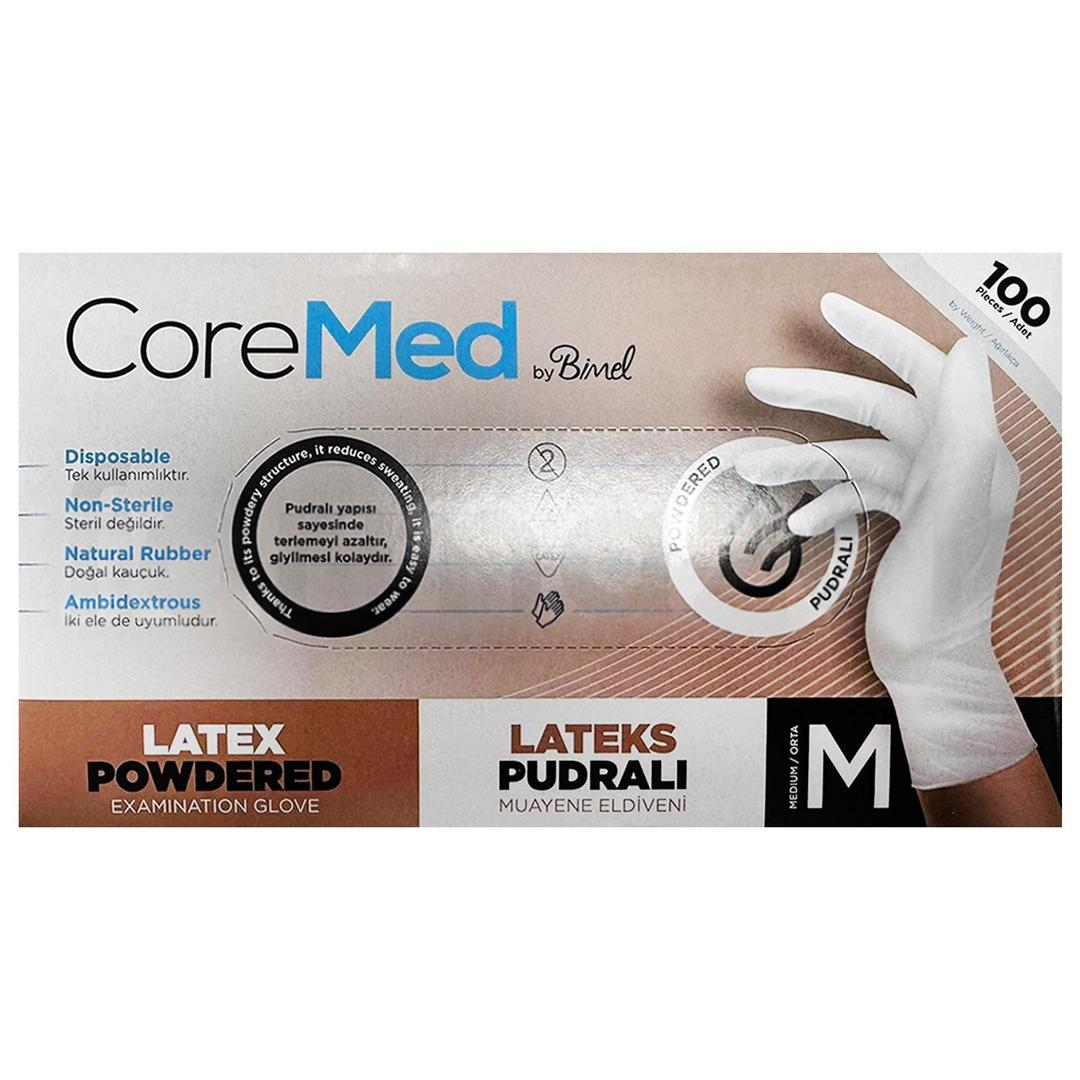 Coremed By Bimel Latex Pudralı Medium Beyaz Eldiven 100'lü