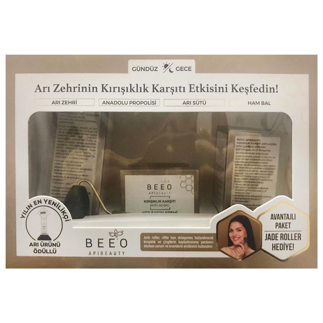 Bee'o Apibeauty Kırışıklık Karşıtı Anti-Aging Cilt Bakım Seti Yüz Serumu 30 ml + Yüz Bakım Kremi 50 ml + Göz Çevresi Serum 15 ml ​ + Jade Roller Hediyeli