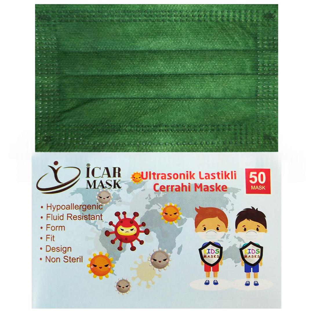 İcar Mask 3 Katlı Full Ultrasonik 10'lu Paketlenmiş Koyu Yeşil Çocuk Cerrahi Maske Telli 50'li