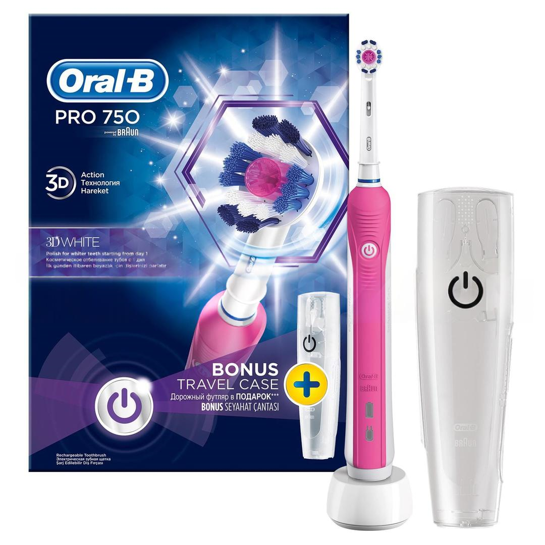 Oral-B Pro 750 Şarj Edilebilir Diş Fırçası 3D White Pembe + Seyahat Kabı