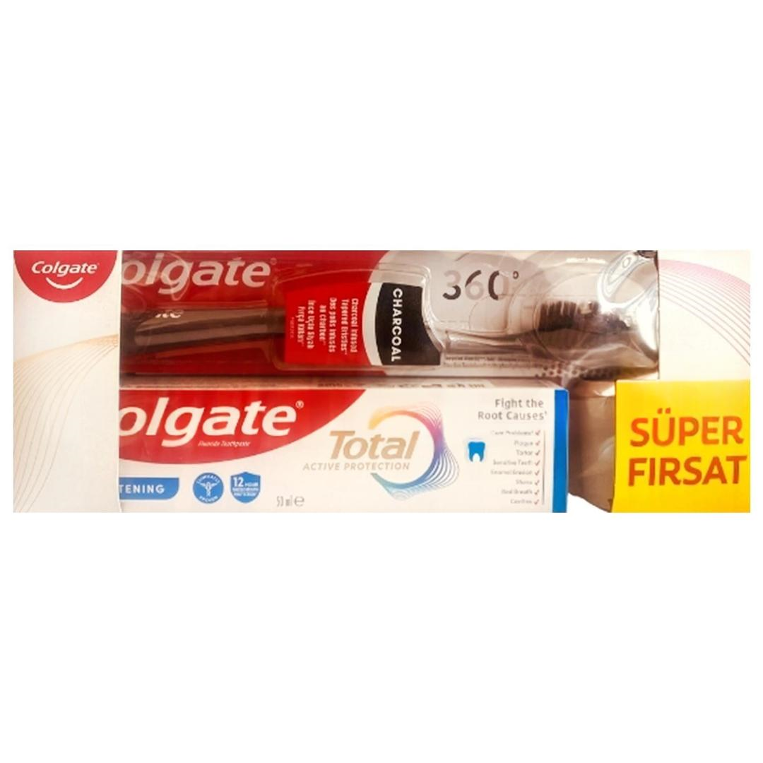Colgate Süper Fırsat Paket - Total Active Protection Beyazlık Diş Macunu 50 ml + Charcoal Diş Fırçası