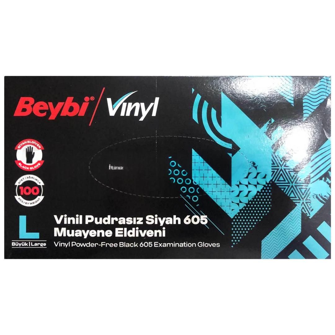 Beybi Vinil Pudrasız Siyah 605 Muayene Eldiveni Large 100'lü