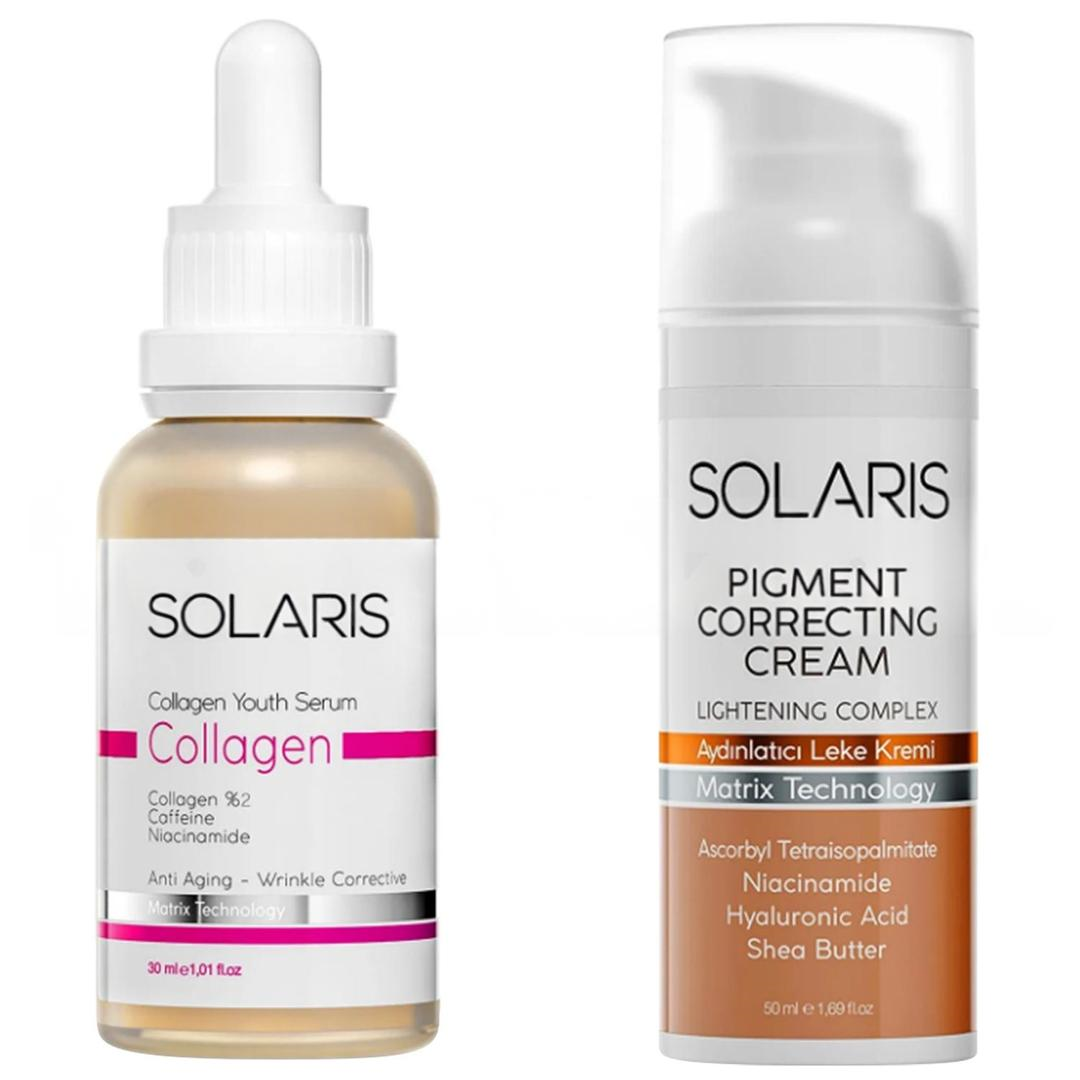Solaris Tüm Cilt Tipleri İçin Yaşlanma Karşıtı Kolajen Cilt Serumu 30 ml + Aydınlatıcı Leke Kremi 50 ml