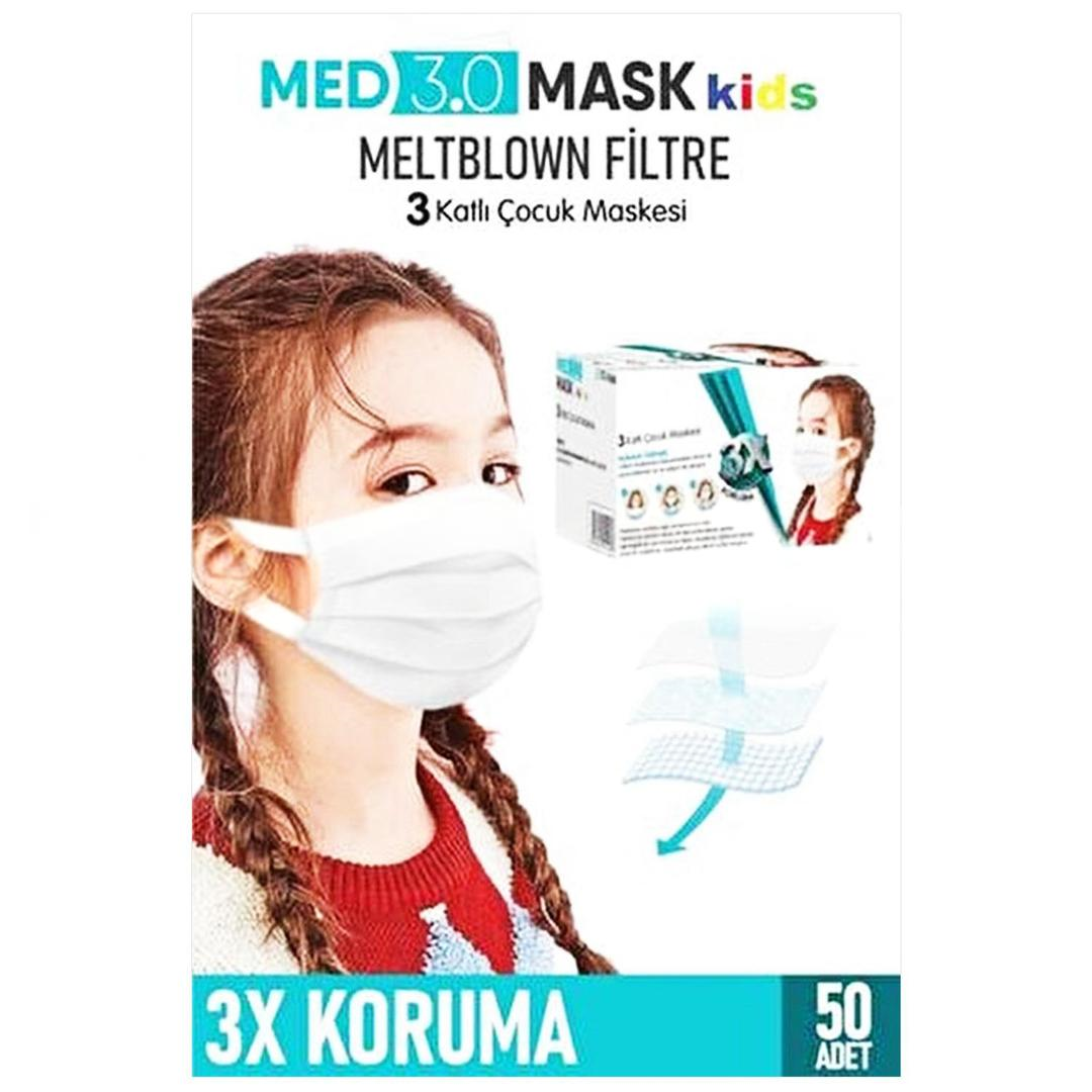 Med 3.0 Kids 3 Katlı Beyaz Çocuk Cerrahi Maske Telli 50'li