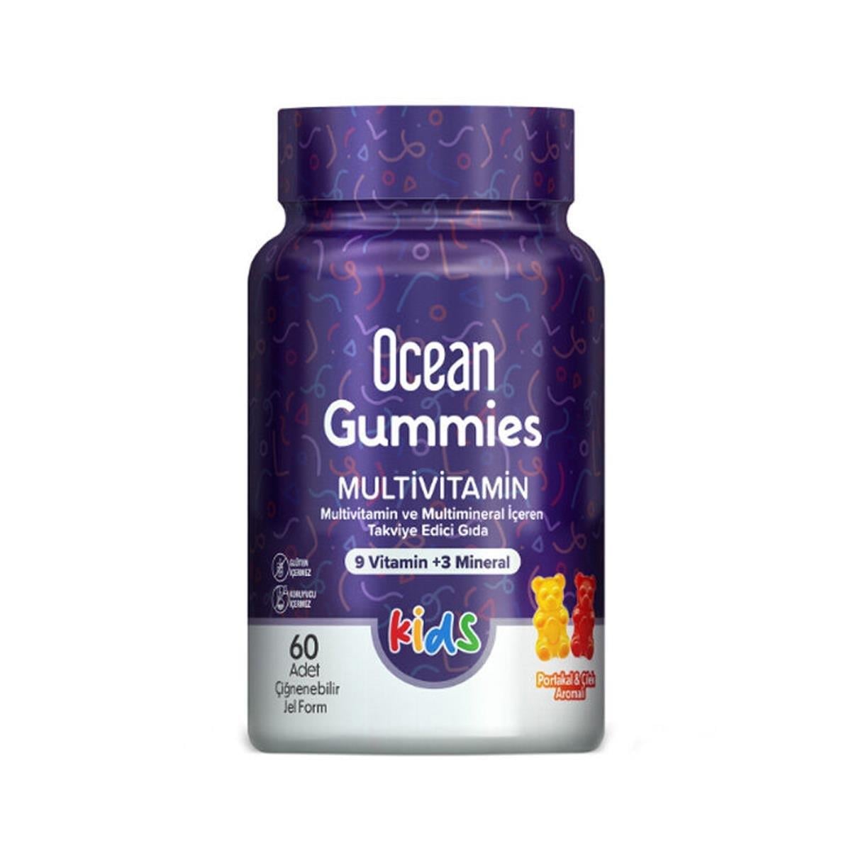 OCEAN GUMMIES MULTİVİTAMİN 9 VİTAMİN+3 MİNERAL 60 ADET ÇİĞNENEBİLİR JEL FORM