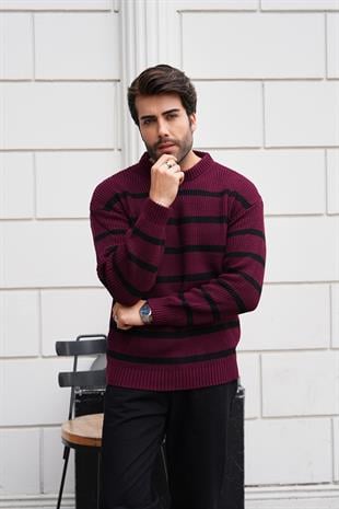 Bisiklet Yaka Çizgili Kalın Kazak