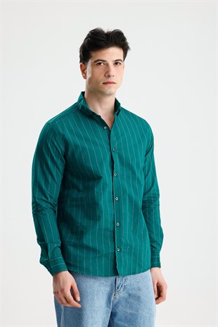 FİGO Erkek Petrol Yeşili Button-Down Yaka İnce Çizgili Uzun Kollu Gömlek