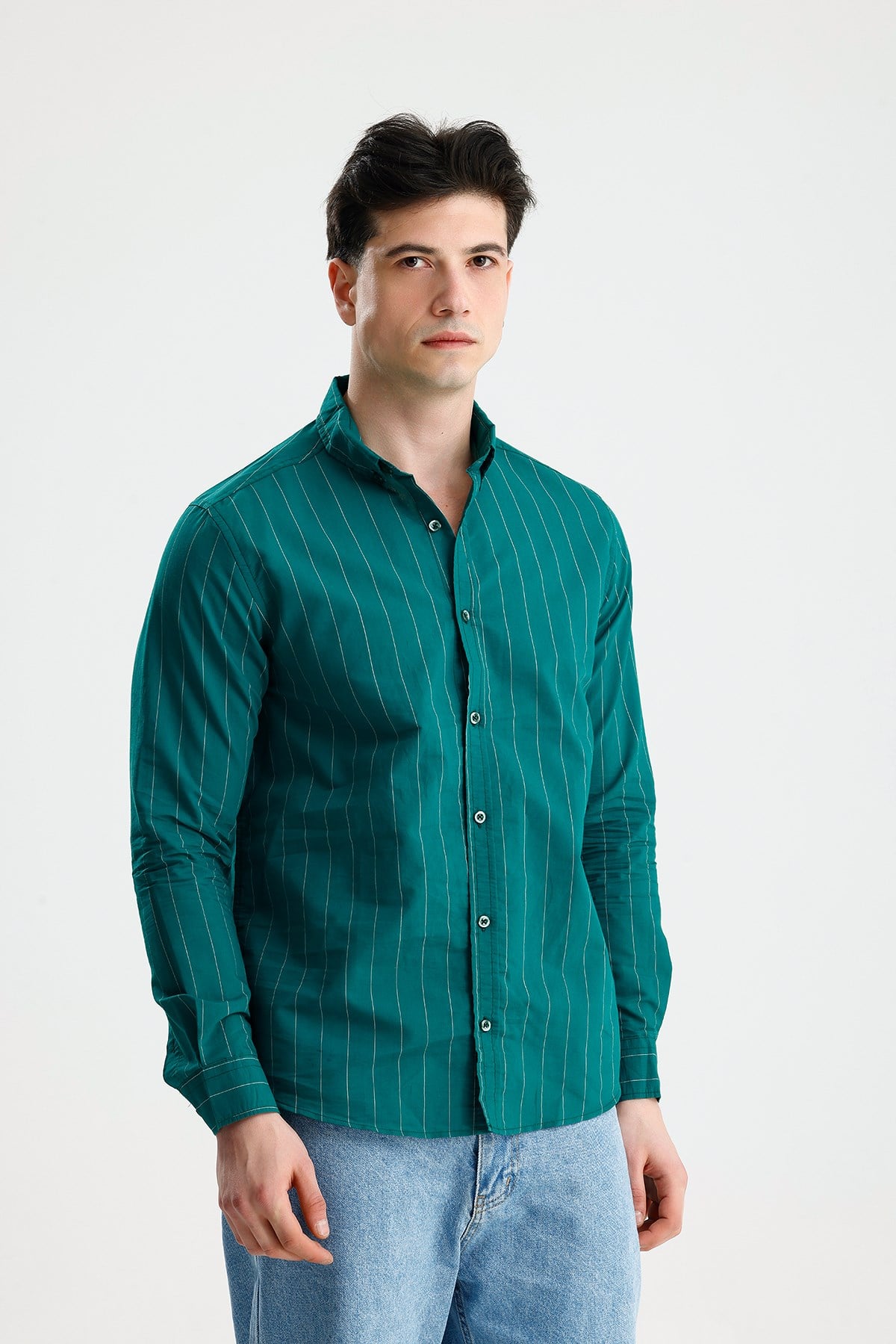 FİGO Erkek Petrol Yeşili Button-Down Yaka İnce Çizgili Uzun Kollu Gömlek