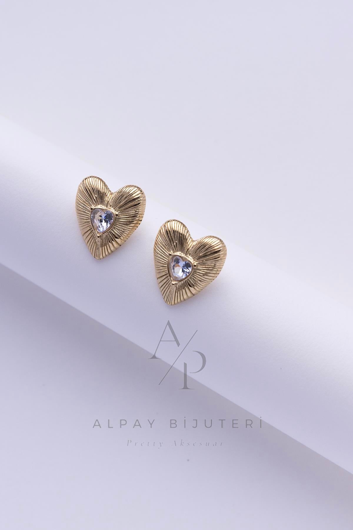 Taş Detay Kalp Çelik Küpe