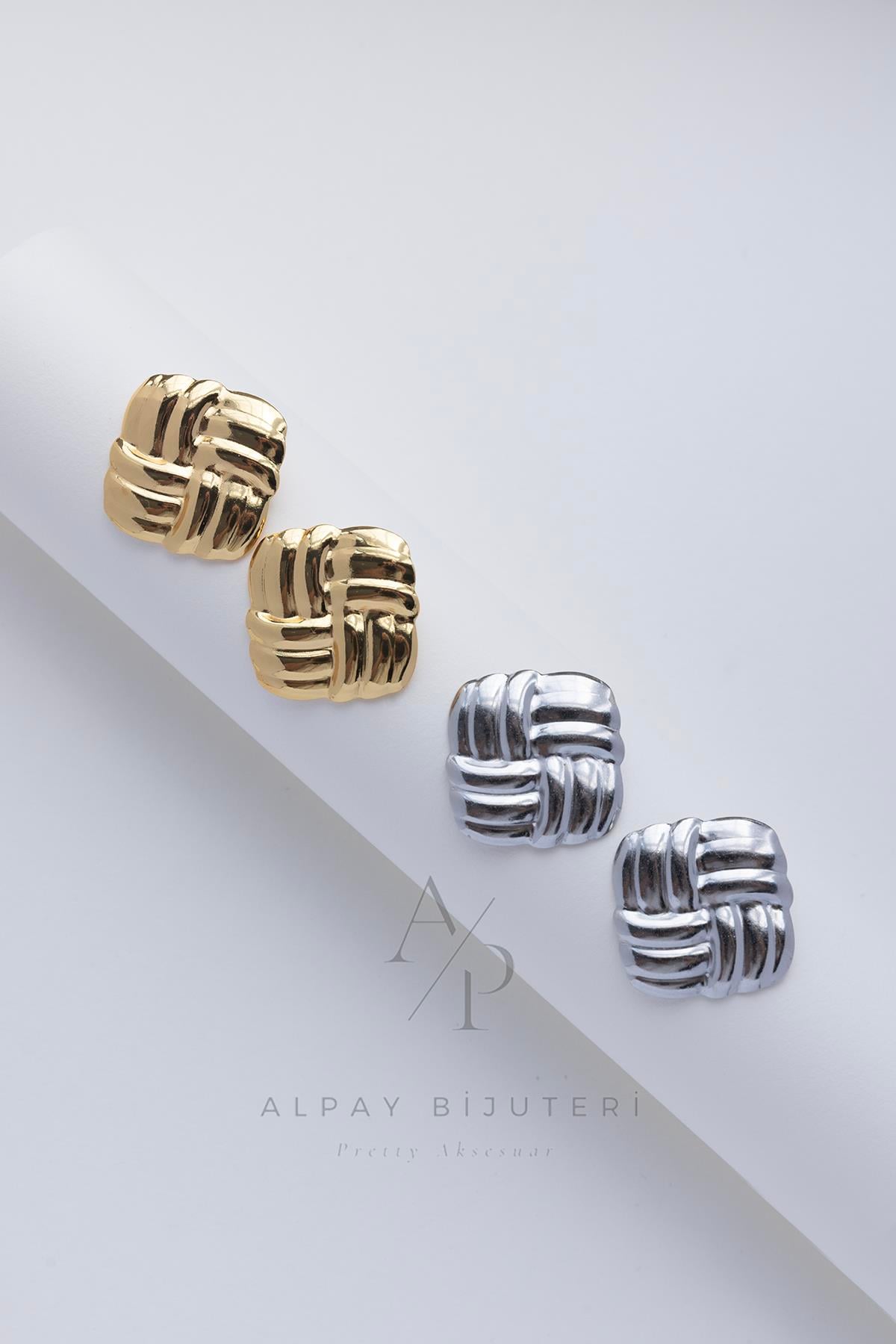 Örgü Tasarım Kare Çelik Küpe 